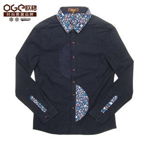 oge欧格秋冬新品力荐花色拼撞纯棉休闲长袖衬衫