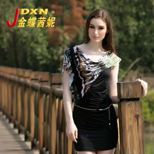 金蝶茜妮2012夏欧美风女士拼接气质短袖圆领修身打底连衣裙