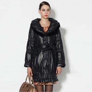 白翎风采stylewoman14冬新优雅狐狸毛领修身小荷叶中长款棉衣