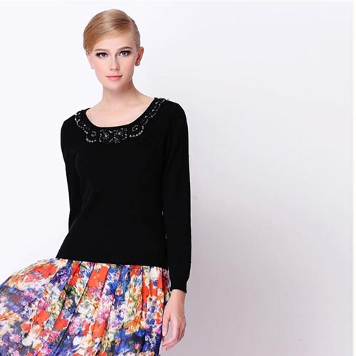 白翎风采stylewoman专柜正品女装简约修身钉珠长袖套头羊毛针织衫