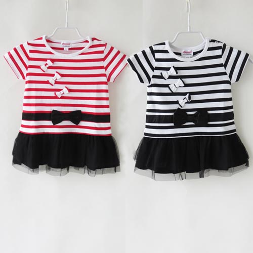 小丰龙纯棉短袖条纹拼接黑纱公主裙蝴蝶结儿童连衣裙