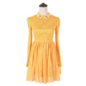 duoyi朵以 2014秋装专柜款领边珠饰点缀蕾丝女士连衣裙