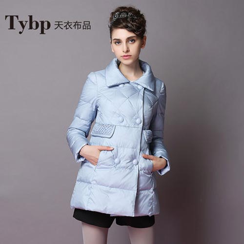 天衣布品 2014年冬装新款欧洲站A字修身中长款双排扣轻薄羽绒服
