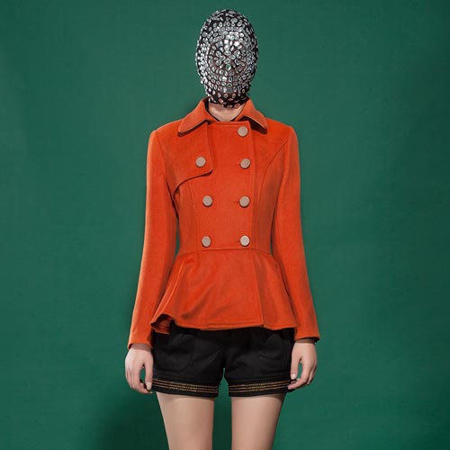 没完没了2013冬装新款双排扣修身收腰荷叶边下摆羊毛呢外套