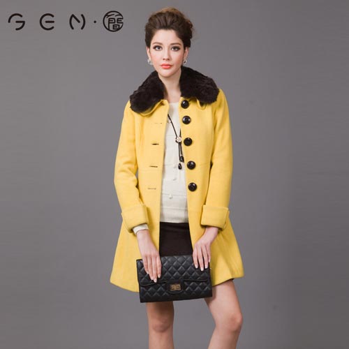 gen简 秋冬新款毛领修身中长款毛呢大衣