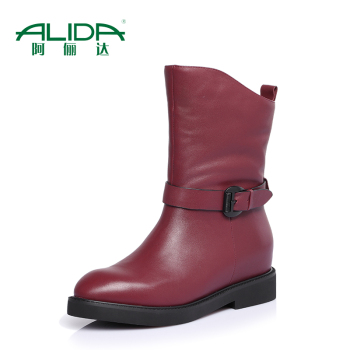 阿俪达2014冬新款女鞋 牛皮内增高坡跟马丁靴