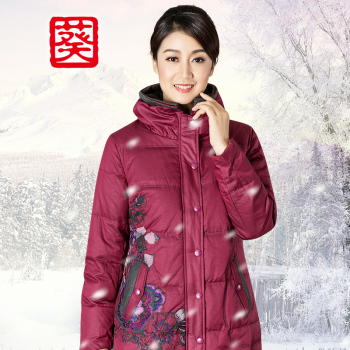 葵牌K.FLOWER2014冬装中老年妈妈装民族风绣花立领时尚中长款羽绒服