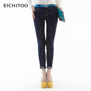 Eichitoo2014春季新品 女拼接修身显瘦小脚牛仔裤E