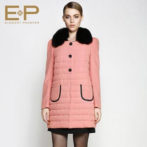EP雅莹 狐狸毛领白鸭绒中长款羽绒服