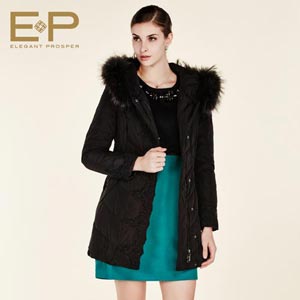 EP雅莹 优雅蕾丝拼接毛领连帽2014冬新款女装羽绒服