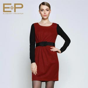EP雅莹 时尚百搭撞色长袖收腰2014秋冬新款女装连衣裙