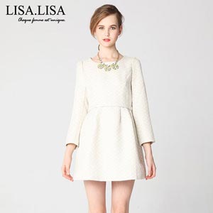 LISA.LISA 2014秋装连衣裙长袖 大码韩版修身圆领高腰气质裙子