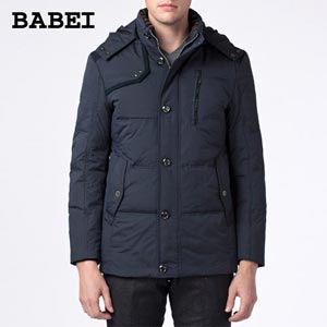 巴贝babei 商务休闲中年男羽绒服 可脱拆卸帽领中长款冬保暖外套