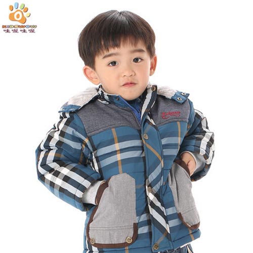 哇喔哇喔14年冬季新款男童宝宝时尚帅气连帽拼色厚棉袄