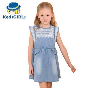 健快女孩2014新款欧美风几何印花牛仔童装连衣裙