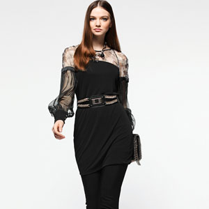 evaouxiu伊华欧秀2015春装商场同款 透视拼接灯笼袖包臀连衣裙子