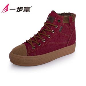 一步赢2014冬季高帮加绒帆布鞋保暖拼色系带休闲鞋女学生透气棉鞋
