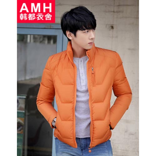 AMH韩都衣舍男装韩版2014冬装新款纯色修身立领羽绒服外套