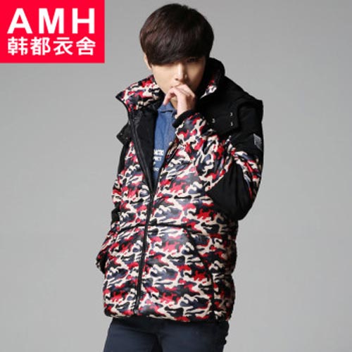 AMH韩都衣舍男装韩版2014冬装新款迷彩连帽棉衣外套