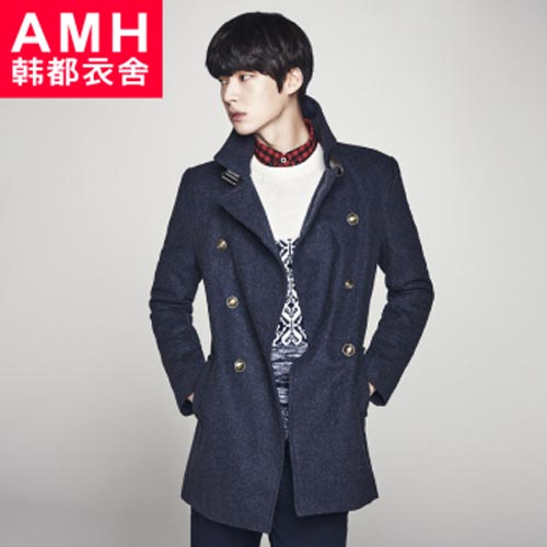 AMH韩都衣舍男装韩版2014冬装新款时尚立领中长款修身毛呢外套