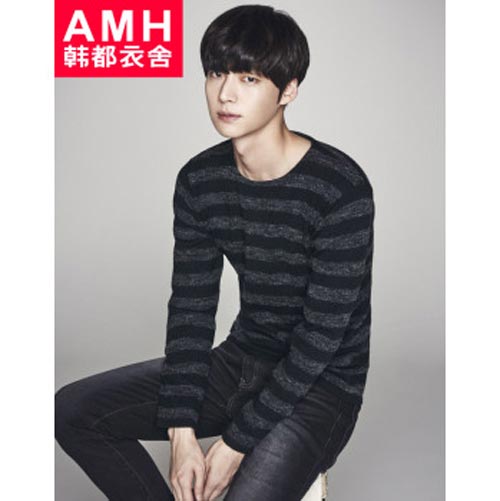 AMH韩都衣舍男装韩版2015春装新款男士修身条纹圆领针织衫