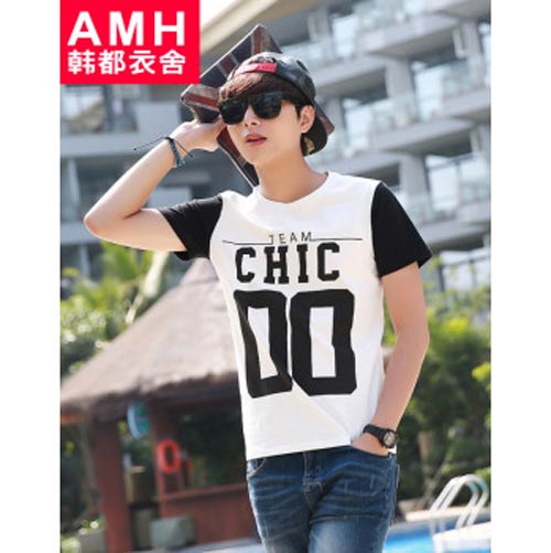 AMH韩都衣舍男装韩版2015夏装新款时尚修身印花男士短袖T恤