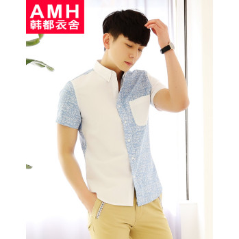 AMH韩都衣舍男装韩版2015夏装新款迷彩拼接短袖衬衫