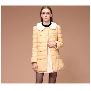 海贝冬装新款双排树脂扣可拆毛领中长羽绒服