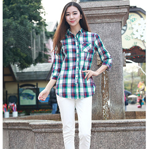 阳光名店 新款春夏优雅休闲纯棉白搭女装中袖2015格子条纹衬衫