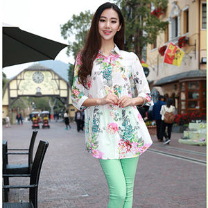 阳光名店2015新款韩版宽松小清新荷叶边时尚印花朵文艺中袖女衬衫