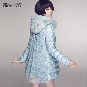 朗曼笛 冬季外套拼接蕾丝羽绒服