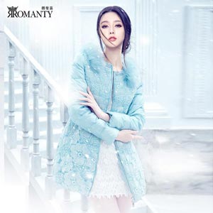 朗曼笛女式蕾丝羽绒服女冬装淑女毛领羽绒衣