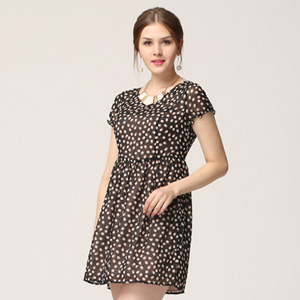 Phidias菲迪雅丝 春季新款女装黑色波点圆领短袖收腰修身连衣裙