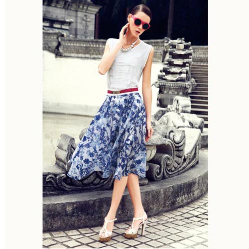 ECA撞色收腰修身带腰带连衣裙