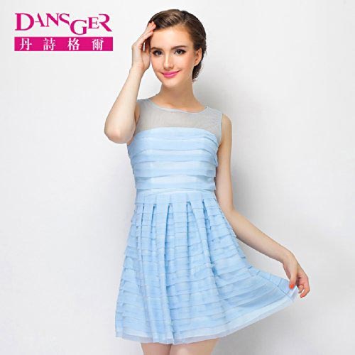 ansger 丹诗格尔 2014新款夏装甜美网纱拼接抹胸无袖雪纺连衣