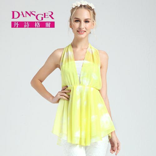 dansger 丹诗格尔2014夏装女士拼接挂脖V领抹胸上衣波西米亚雪纺衫
