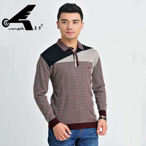 皇卡长袖T恤秋装中年男装羊毛衫条纹t恤商务休闲翻领体恤