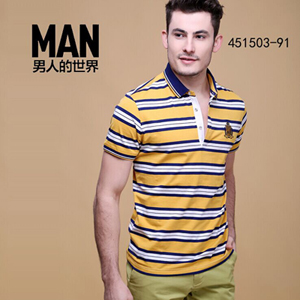 皇卡男装-2015春夏装新款男装 短袖翻领格纹条纹休闲男T恤
