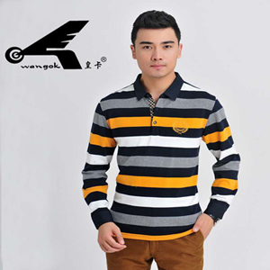 皇卡纯棉 男长袖T恤 翻领男休闲上衣体恤 条纹男长袖T恤 秋装新款