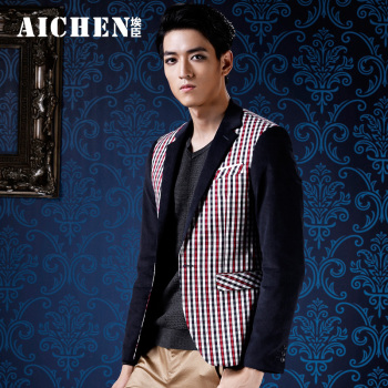 埃臣AICHEN 2014秋装男士格子西装男韩版潮外套男纯棉修身西服