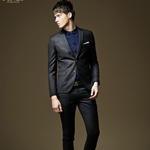 PINLI品立秋装新款时尚男装 格子修身休闲西服男西装潮