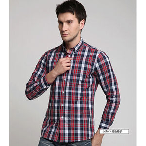 波仕曼男士新品苏格兰大格时尚休闲长袖衬衫BA13113 红色格子