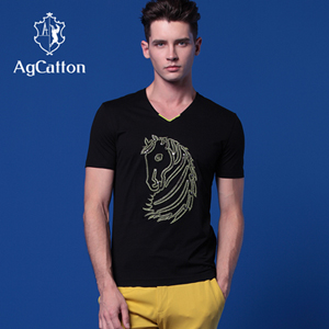 阿科登 欧美奢华男装 丝光棉v领男t恤 绣花烫钻男士修身短袖衫