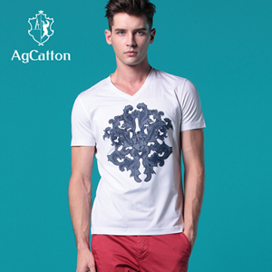 阿科登 欧美奢华男装 时尚潮流纯棉v领男t恤 牛子贴布男短袖