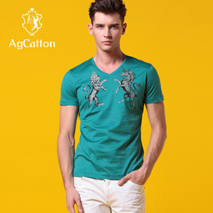 阿科登 夏季新款短袖男t恤 英伦v领修身透气衫 时尚烫钻男t恤