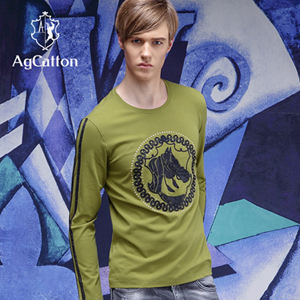 阿科登 秋冬新款圆领丝光棉长袖男t恤 图腾绣花男士保暖打底衫
