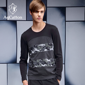 阿科登 秋冬新款男士长袖t恤 潮流迷彩拼色休闲条纹圆领打底衫