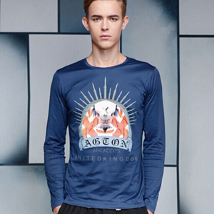 阿科登英伦印花丝光棉修身圆领t恤男长袖