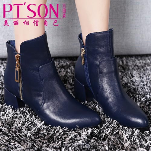 百田森2014秋冬新款粗跟短靴女马丁靴真皮短筒裸靴高跟英伦单靴子