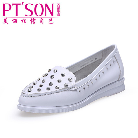 百田森2015春秋新款低跟单鞋女 潮真皮鞋坡跟浅口水钻休闲女鞋